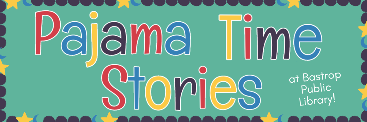 Graphic for Pajama Time Stories, dark blue, blue-green, jellow and red. 